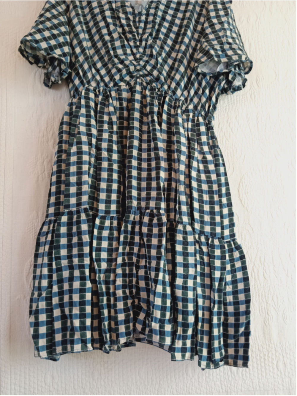Gingham Check Dress Blue Green plaid cottagecore prairie Western ruffled tiered - Picture 7 of 12